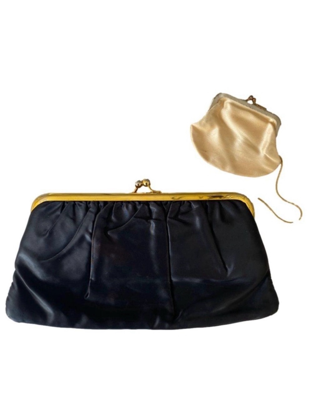 Vintage 1950s Black Satin Evening Clutch Purse Gold Snap Attached Coin Purse